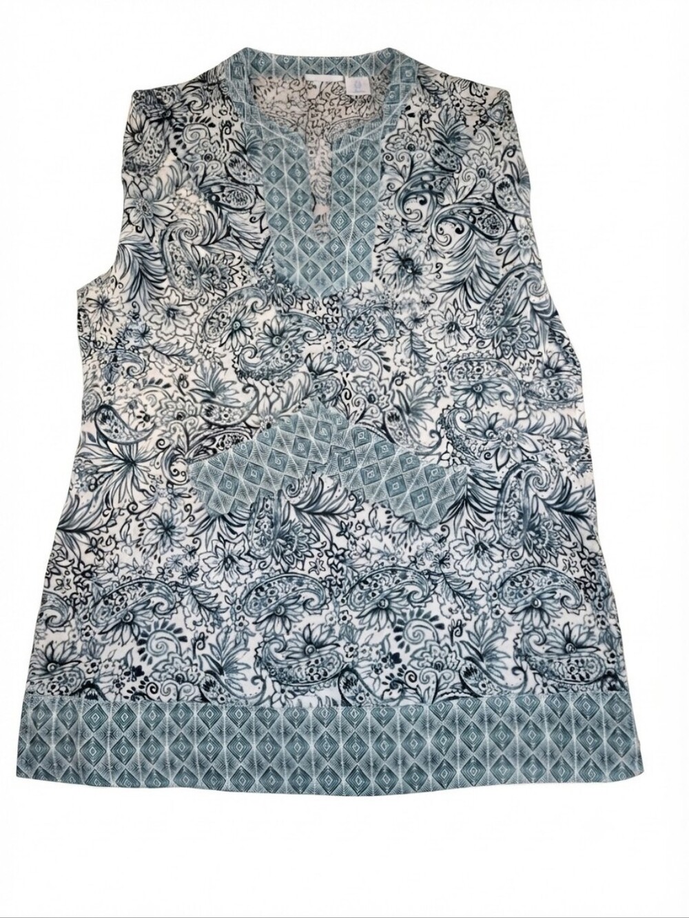 Sigrid Olsen 100% Linen Blue White Paisley Floral Tunic Top Size S Coastal Boho